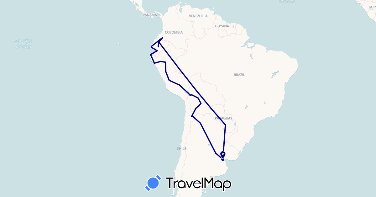TravelMap itinerary: driving in Argentina, Bolivia, Chile, Colombia, Ecuador, Peru, Paraguay (South America)